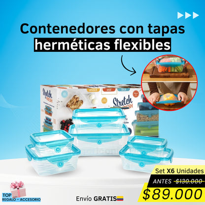 Set x6 Contenedores Tapas Herméticas Flexibles