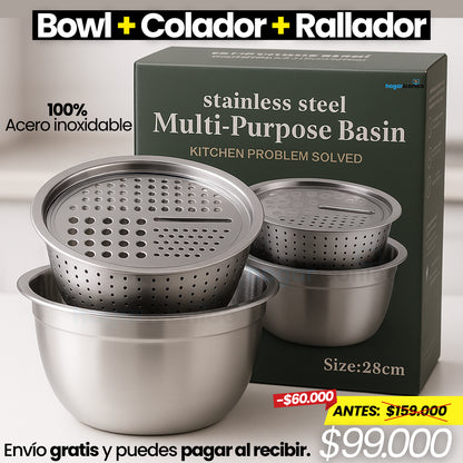 Set 3 en 1 Bowl con colador y rallador